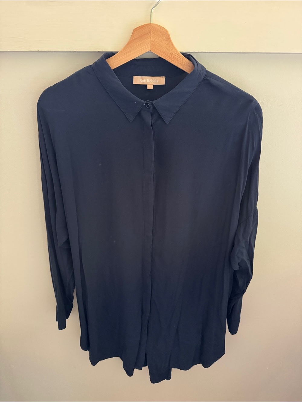 Soft Rebels Navy Blue Oversized Button-Up Blouse Cotton Viscose Women’s Size L